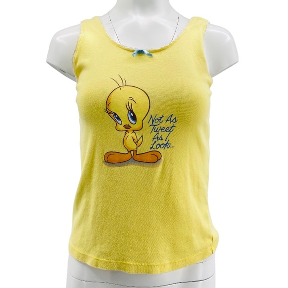 Vintage Y2K French Jenny Tweety Bird Not As Tweet As I Look Yellow Tank M - Picture 1 of 8